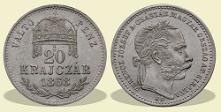 1868-as 20 krajczár KB (Körmöcbánya) Váltó Pénz - (1868 20 krajczar)