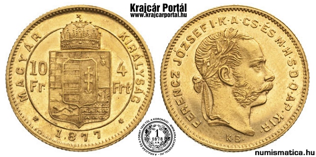1877-es 4 forint / 10 frank KB (Krmcbnya) - (1877 4 forint / 10 frank)