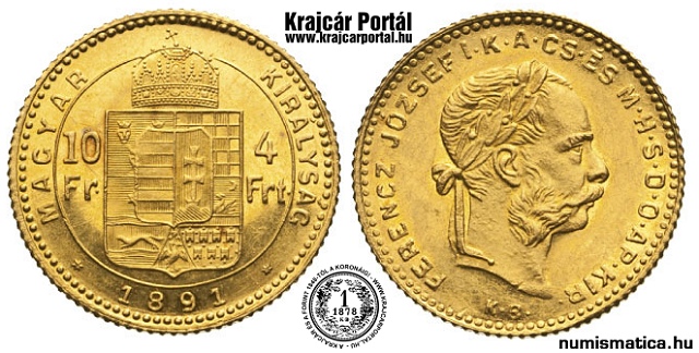 1891-es 4 forint / 10 frank - (1891 4 forint / 10 frank)
