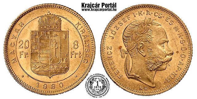 1880-as 8 forint / 20 Frank KB  kis fej (Krmcbnya) - (1880 8 forint / 20 Frank)